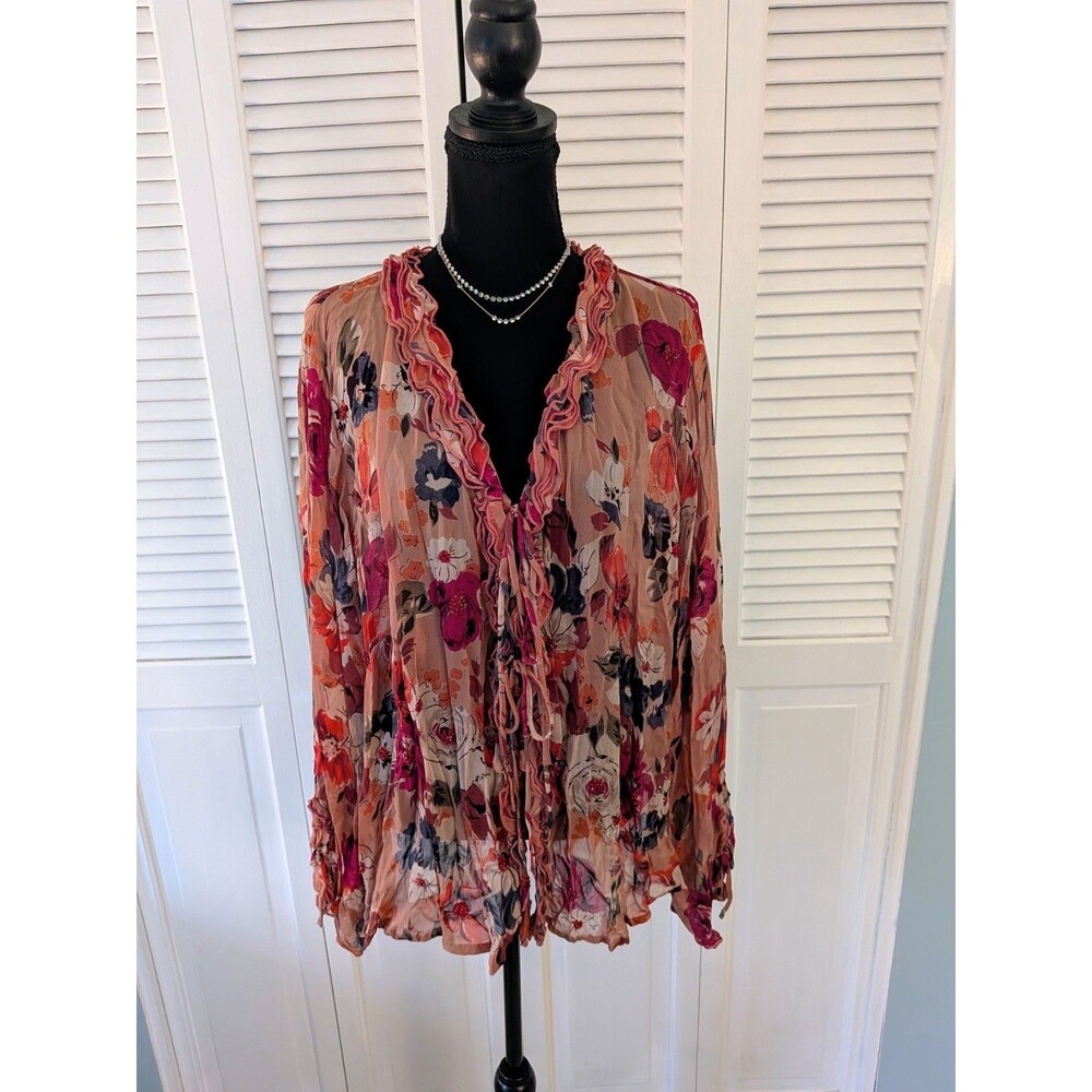 Lola P Blouse Womens 3X Sheer Mauve Floral Crinkle Bead Romantic Cottagecore Top